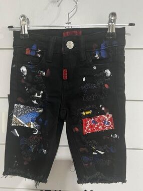 Black Kids' Distressed Shorts with Colorful Patch & Paint Details